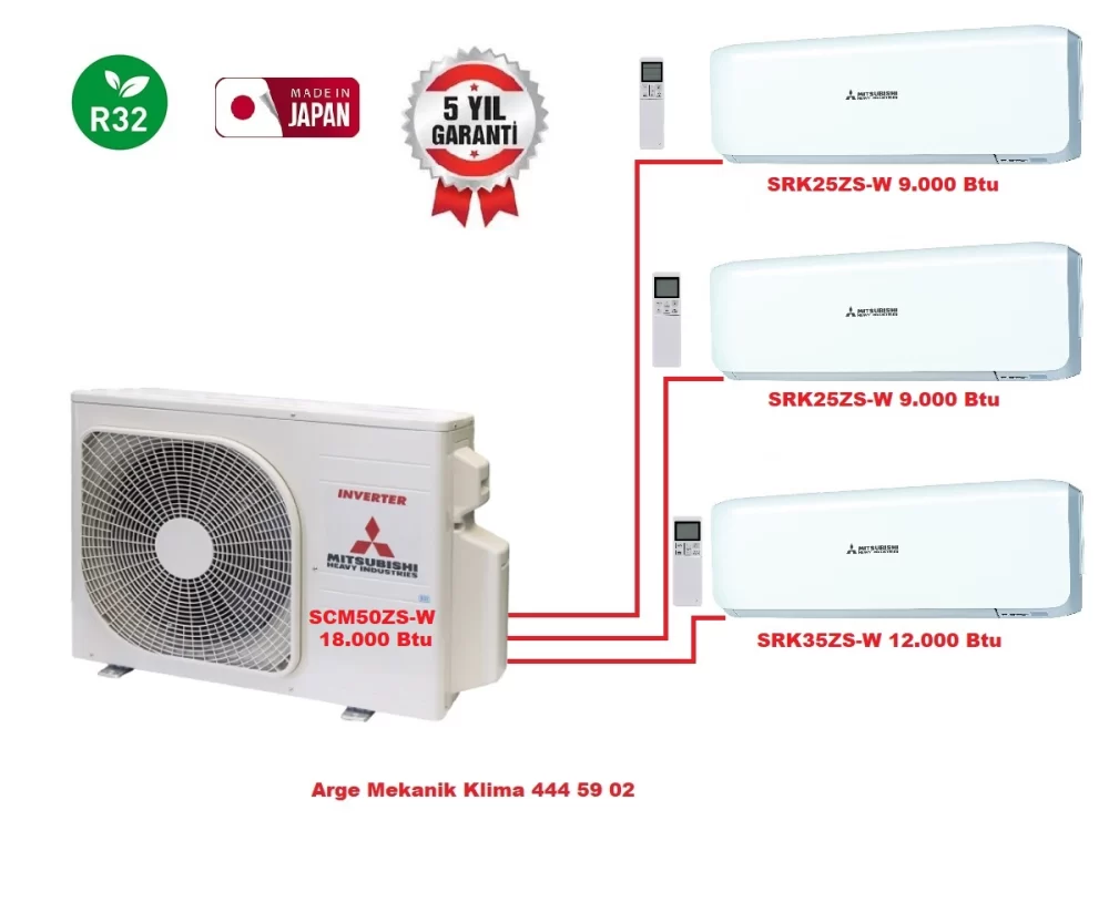 Mitsubishi Heavy Multi Split Klima 3lü (3 Oda) 2×9.000 Btu+12.000 Btu