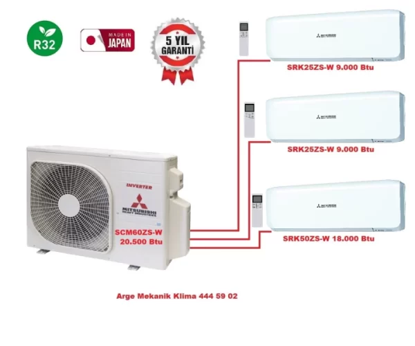 Mitsubishi Heavy Multi Split Klima 3lü (3 Oda) 2×9.000 Btu+18.000 Btu