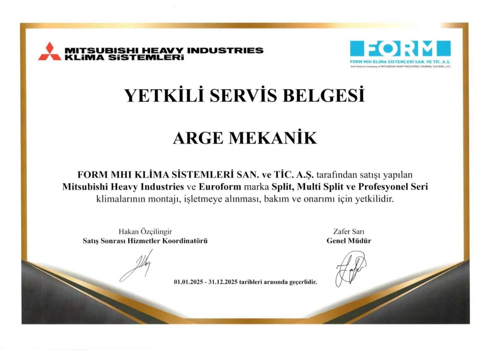 FORM MHI Yetkili Servis Belgesi 2025 - Arge Mekanik