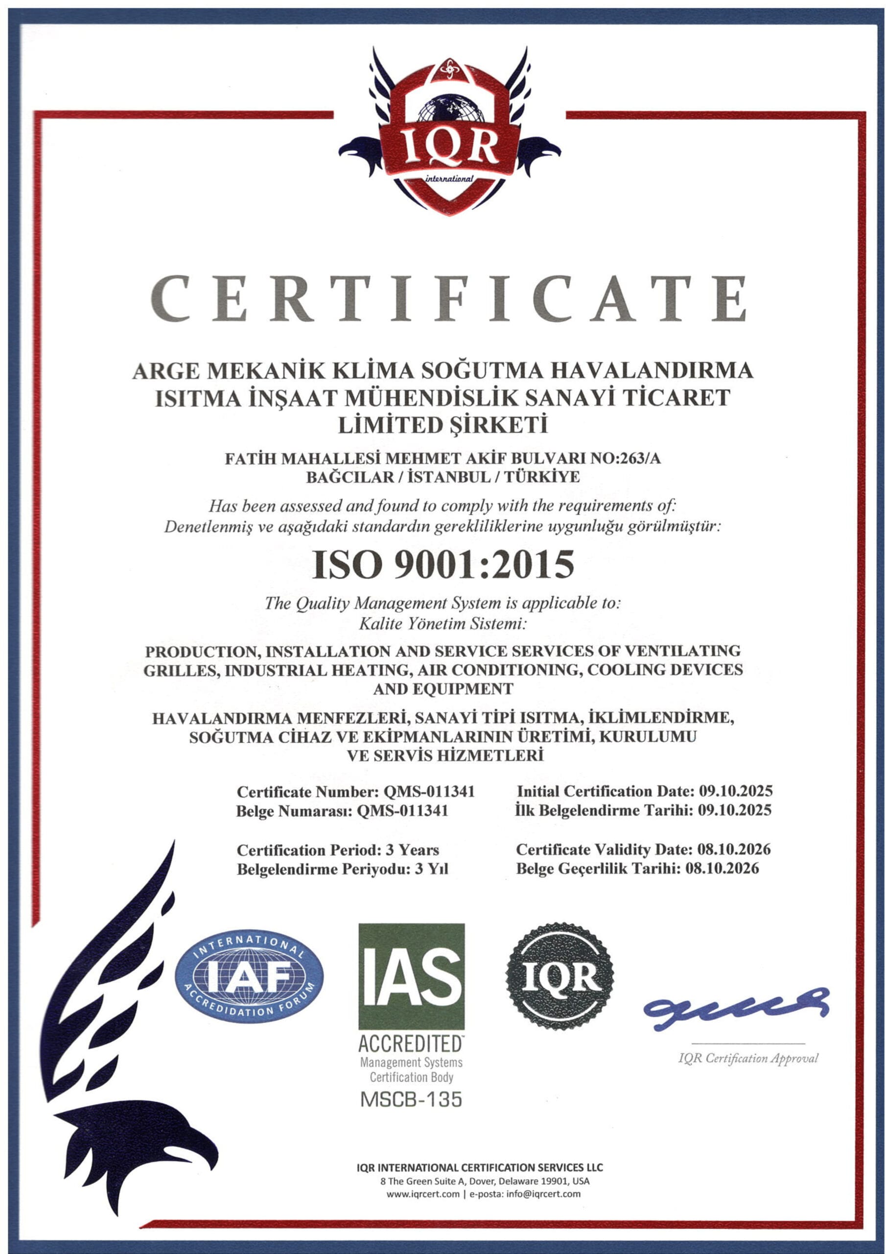 ISO 9001:2015 Kalite Yönetim Sistemi Sertifikası