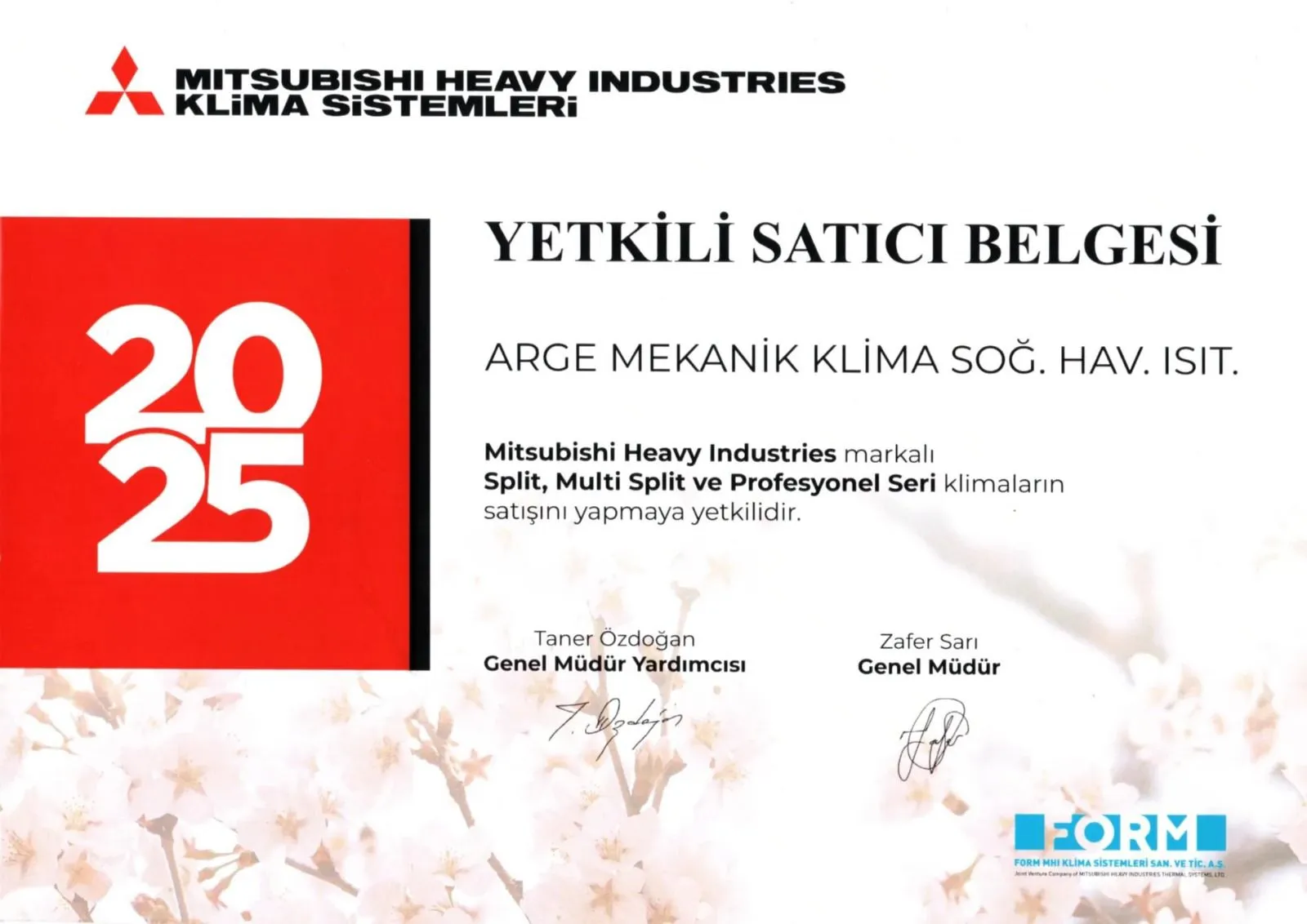 Mitsubishi Heavy Industries Yetkili Satıcı Belgesi 2025 - Arge Mekanik