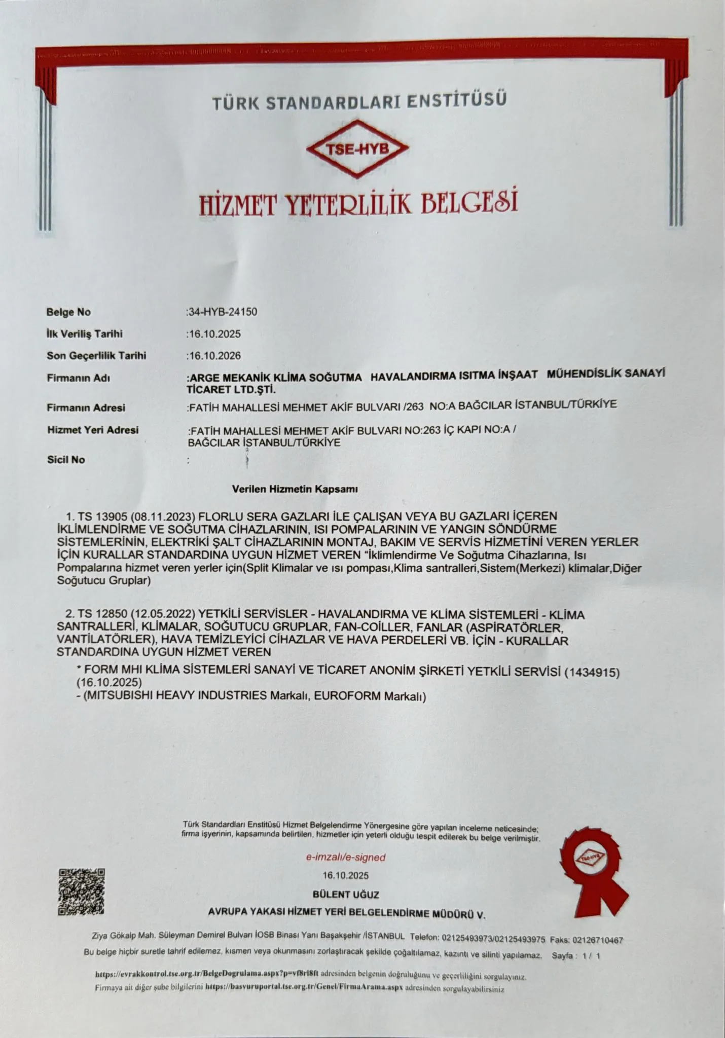 TSE Hizmet Yeterlilik Belgesi - Arge Mekanik